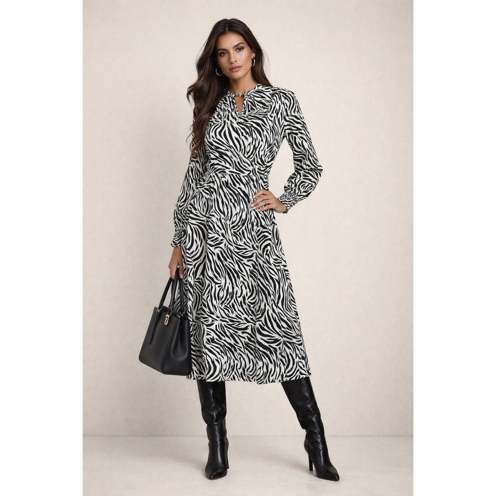 Halogen Dress Womens S Black White Animal Print Boho Chic‎ Midi Modern Workwear